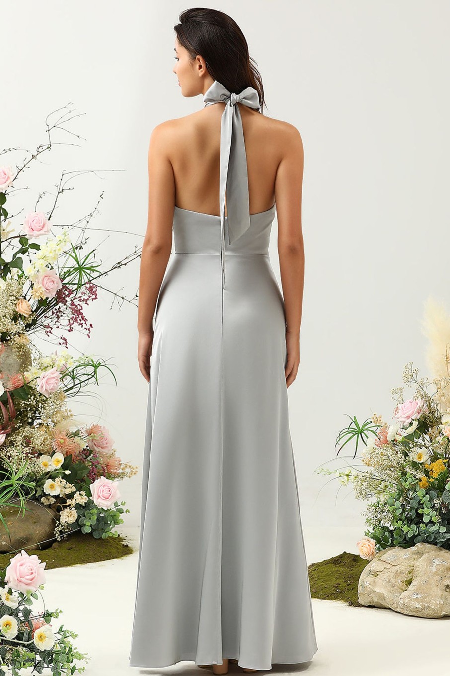 Partywear HELLYMOON | Simple Halter Long Bridesmaid Dress With Slit Grey