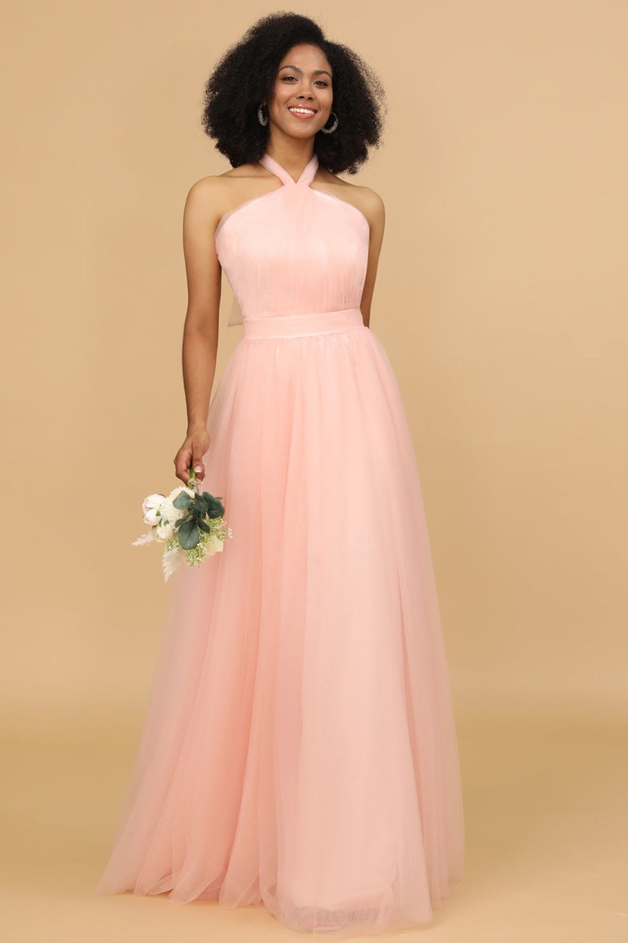 Partywear HELLYMOON | A Line Halter Long Bridesmaid Dress Blush