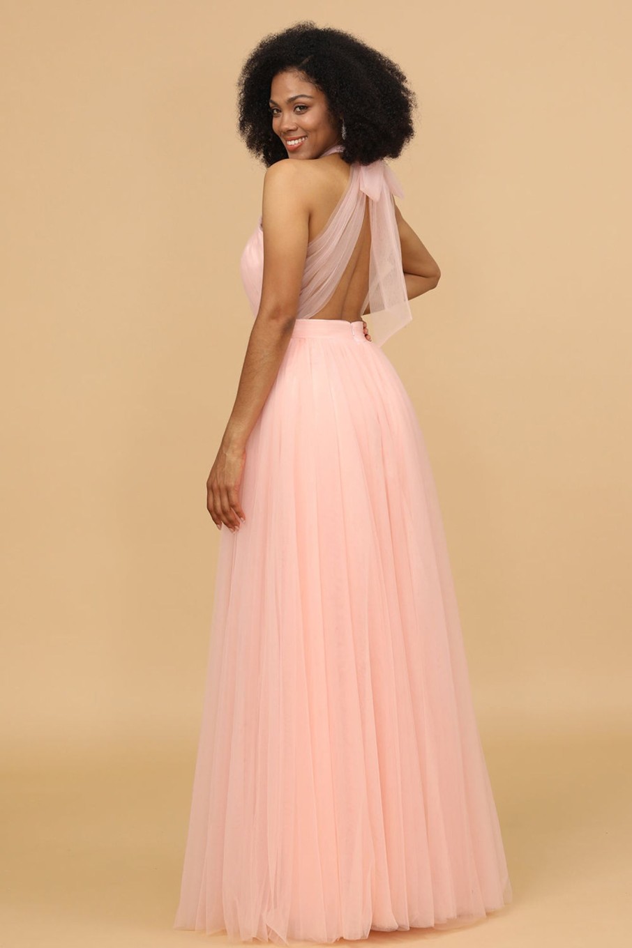 Partywear HELLYMOON | A Line Halter Long Bridesmaid Dress Blush