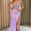 Prom Dresses HELLYMOON | Spaghetti Straps Mermaid Corset Long Sequin Prom Dress With Slit Light Purple