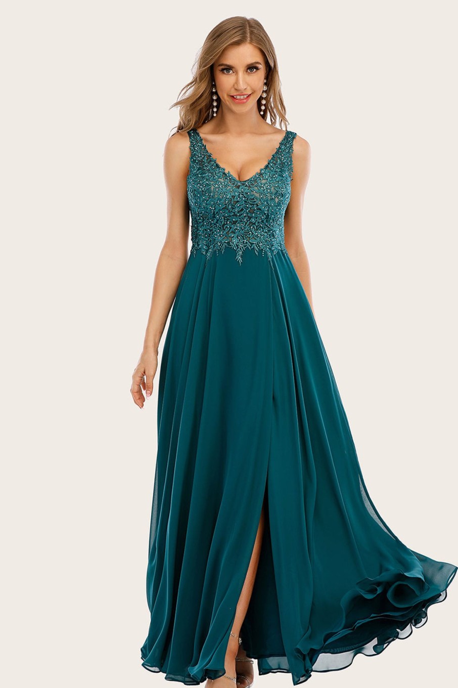 Prom Dresses HELLYMOON | Turquoise Chiffon Long Prom Dress With Beading Ink Blue