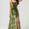 Partywear HELLYMOON | Velvet A Line Green Bridesmaid Dress With Slit Olive