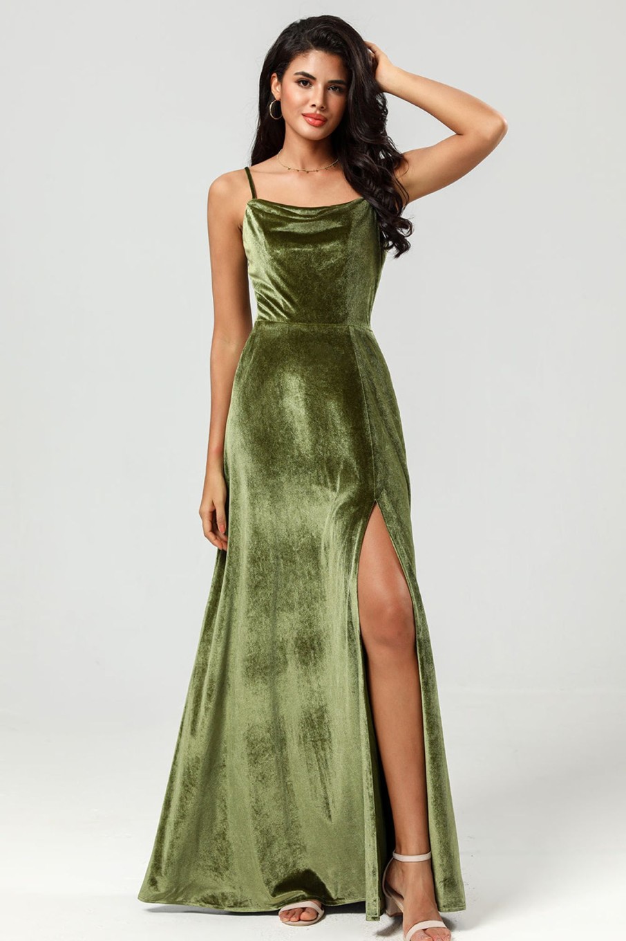 Partywear HELLYMOON | Velvet A Line Green Bridesmaid Dress With Slit Olive