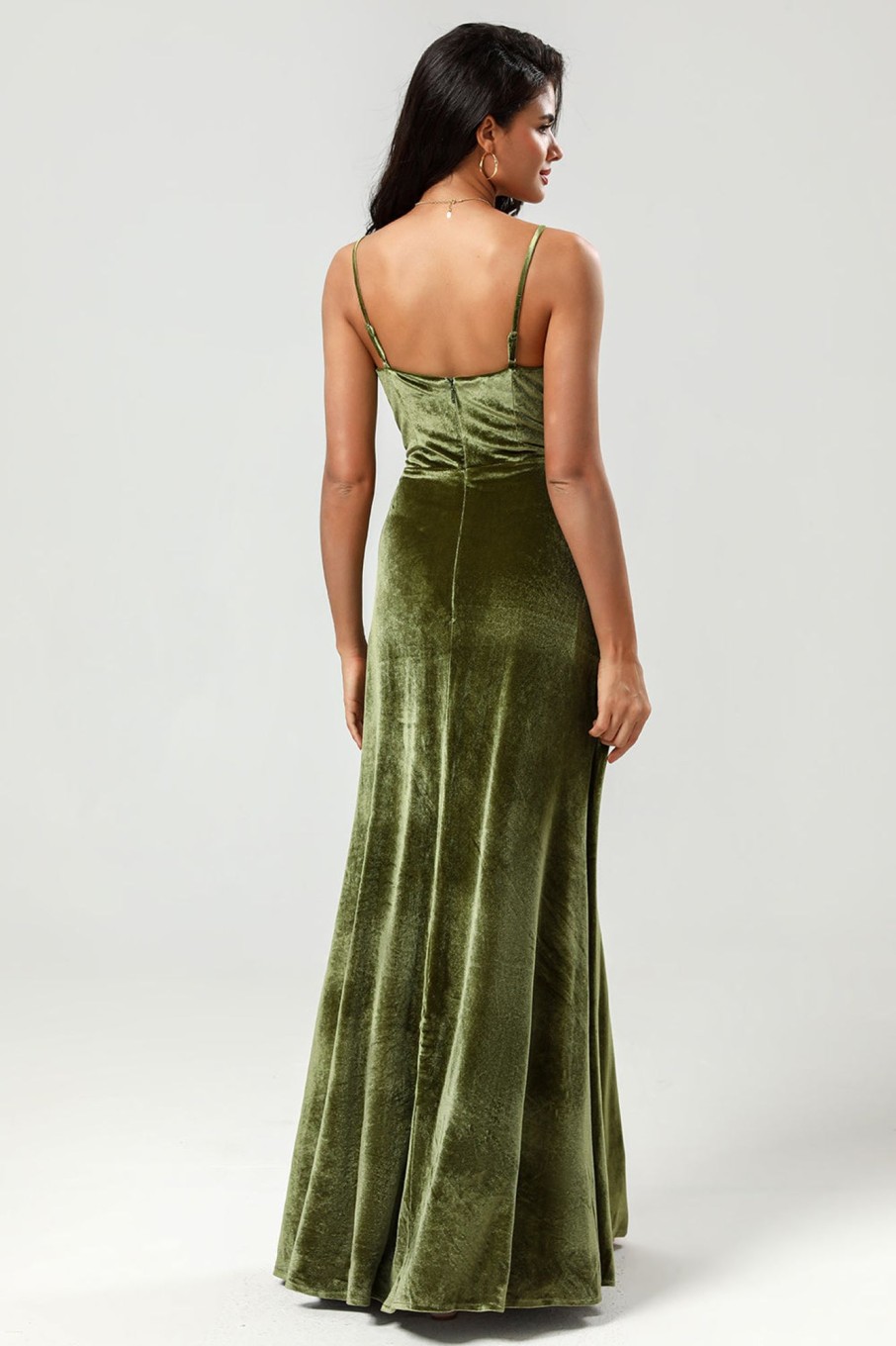 Partywear HELLYMOON | Velvet A Line Green Bridesmaid Dress With Slit Olive