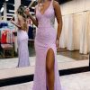 Special Occasion HELLYMOON | Sheath V Neck Sequins Long Prom Dress With Split Front Lilac