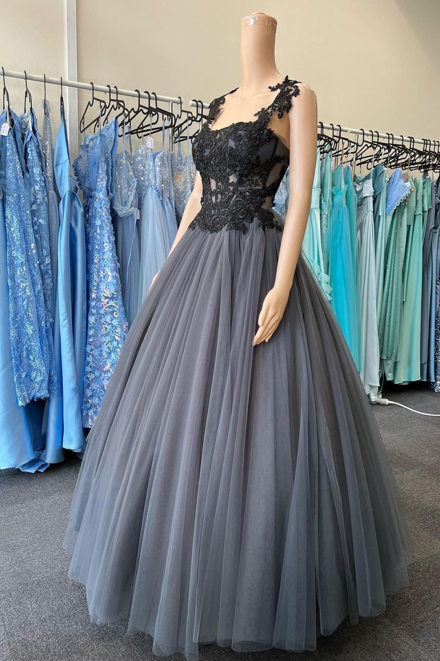 Prom Dresses HELLYMOON | A Line Tulle Corset Prom Dress With Lace Grey