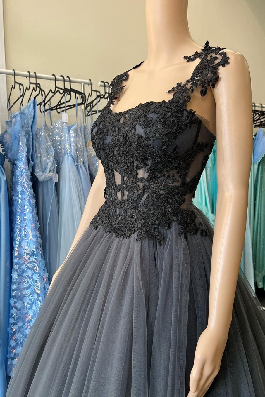 Prom Dresses HELLYMOON | A Line Tulle Corset Prom Dress With Lace Grey