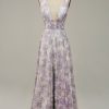 Prom Dresses HELLYMOON | Purple Printed V-Neck Prom Dress With Slit Lightpurple