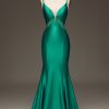 Prom Dresses HELLYMOON | Deep V-Neck Satin Mermaid Prom Dress With Lace-Up Back Green