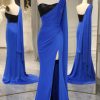 Prom Dresses HELLYMOON | Mermaid One Shoulder Satin Prom Dress With Slit Royal Blue