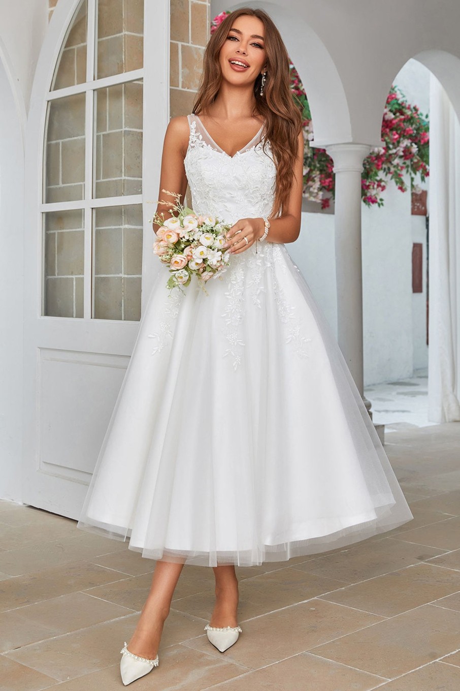 Wedding Dresses HELLYMOON | Mid-Calf Tulle Wedding Dress With Lace White