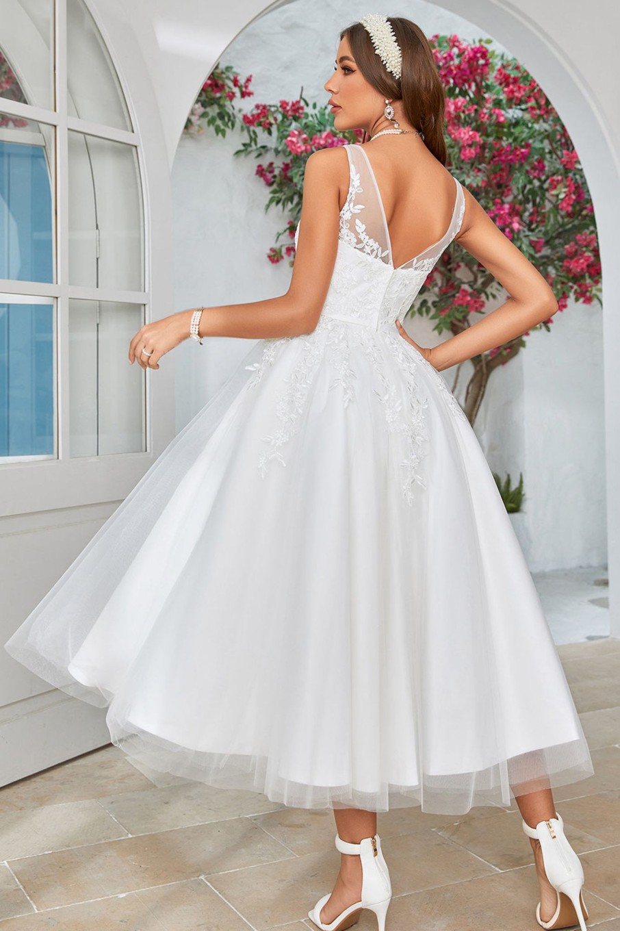 Wedding Dresses HELLYMOON | Mid-Calf Tulle Wedding Dress With Lace White