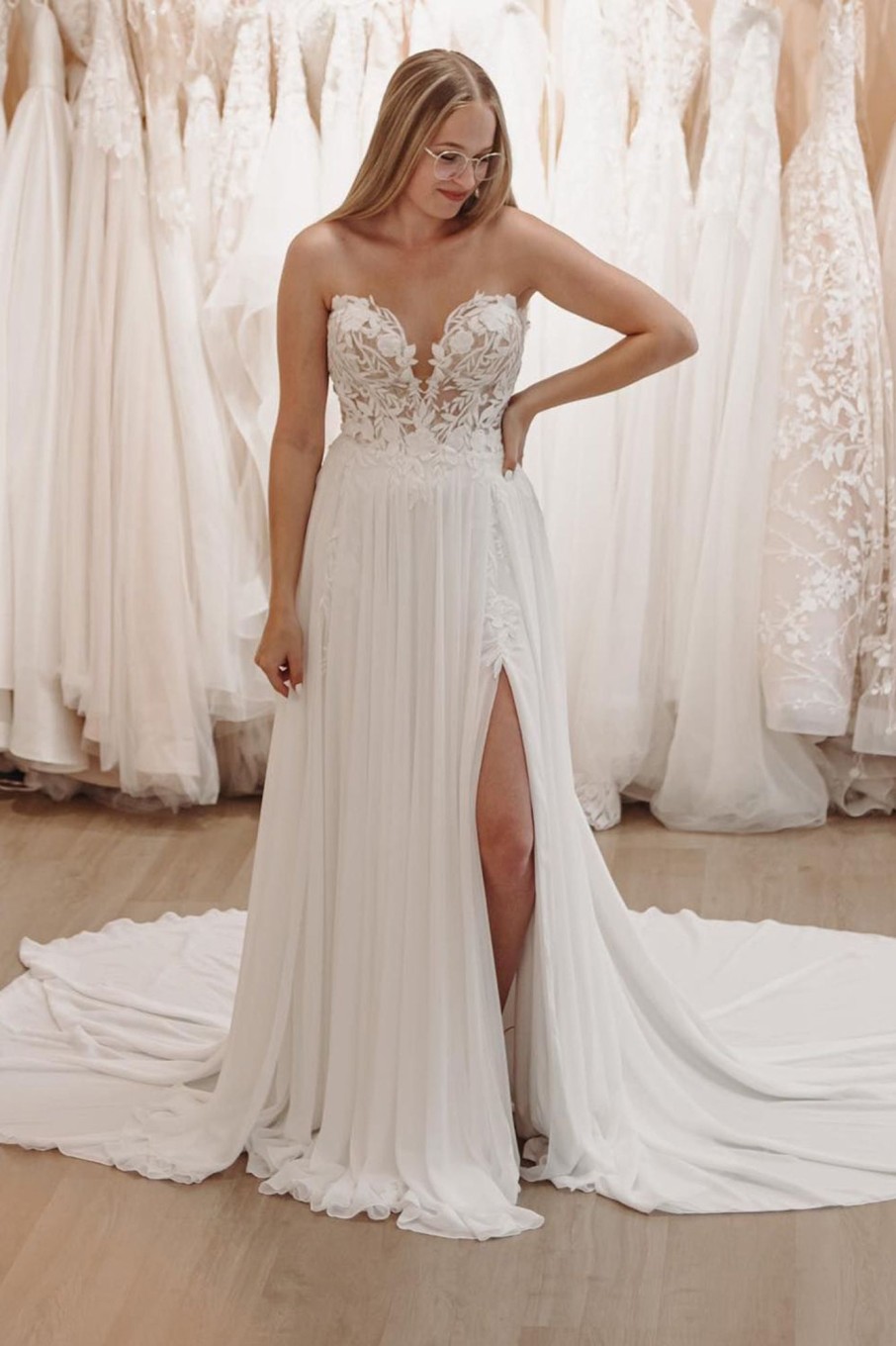 Wedding Dresses HELLYMOON | Sweetheart Long Lace Boho Wedding Dress With Slit White