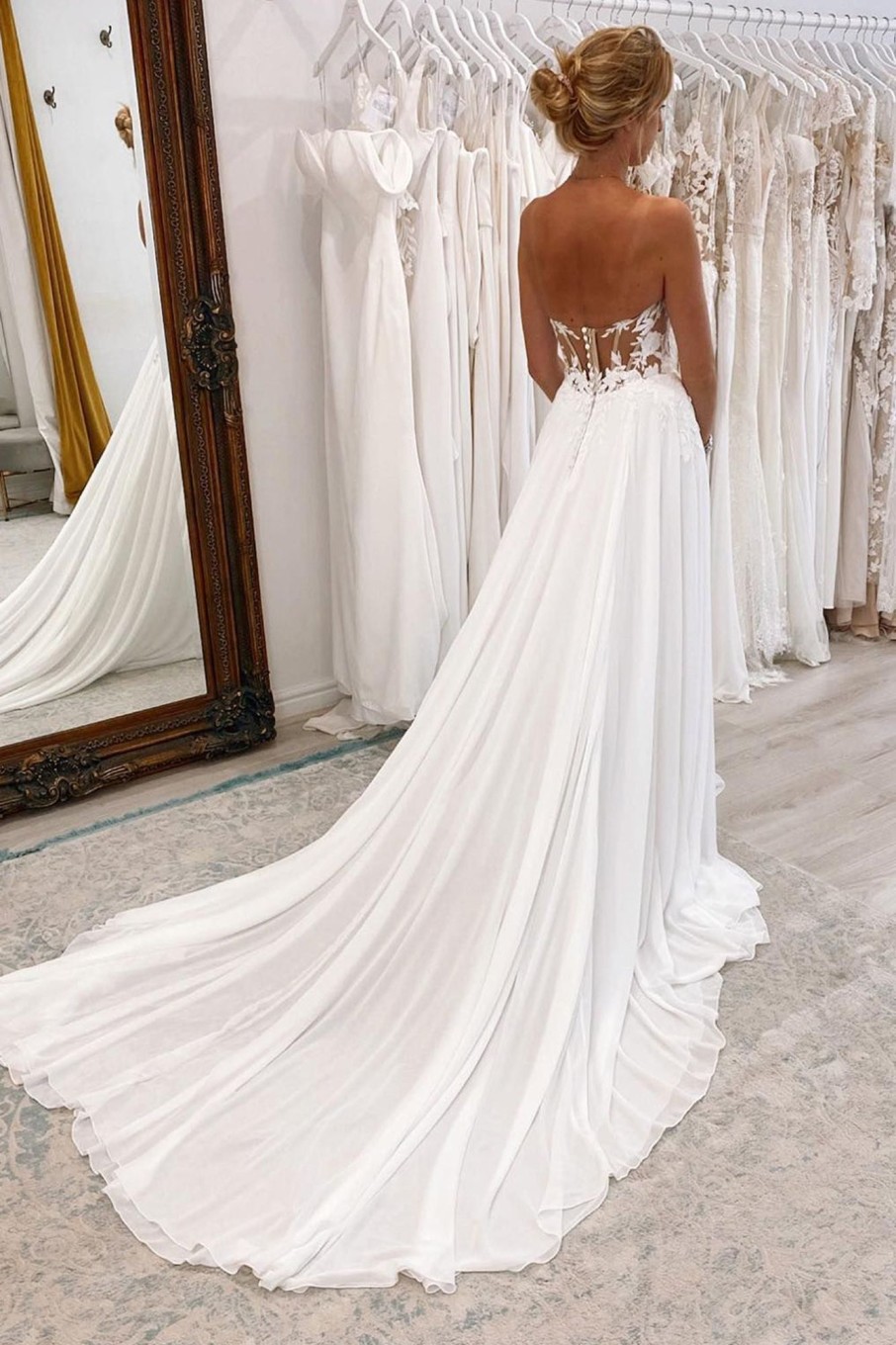 Wedding Dresses HELLYMOON | Sweetheart Long Lace Boho Wedding Dress With Slit White