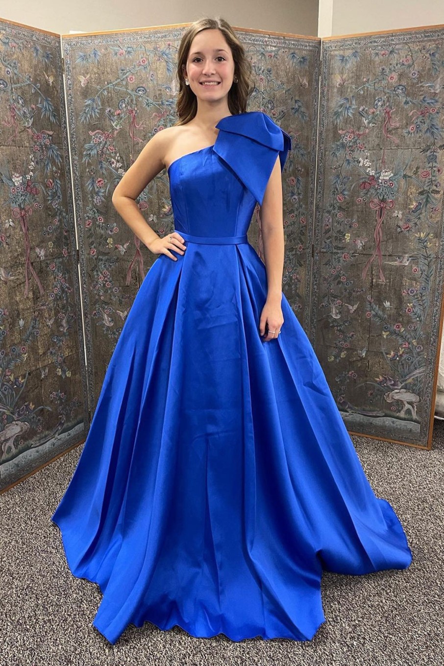 Prom Dresses HELLYMOON | One Shoulder A Line Satin Prom Dress With Bow Royal Blue