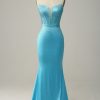 Special Occasion HELLYMOON | Mermaid Spaghetti Straps Sparkly Corset Prom Dress With Beading Blue