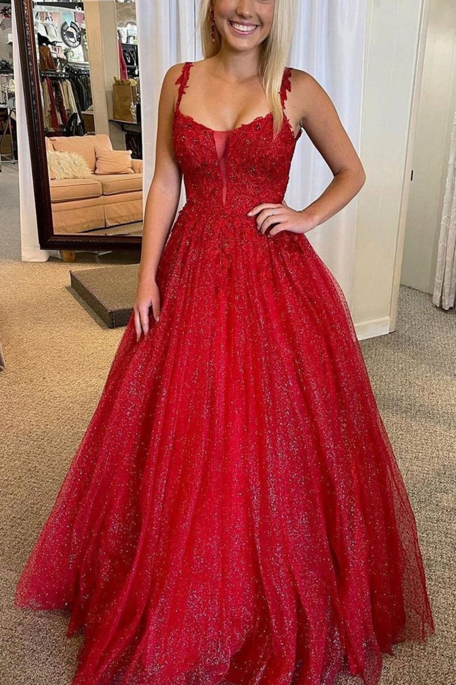 Prom Dresses HELLYMOON | A-Line Backless Glitter Princess Prom Dress With Beading Red