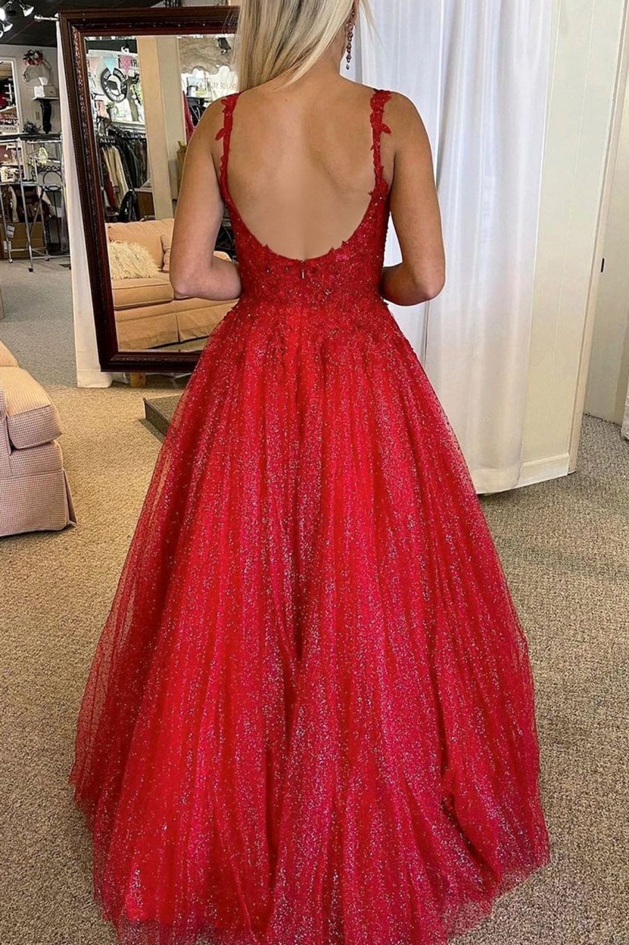 Prom Dresses HELLYMOON | A-Line Backless Glitter Princess Prom Dress With Beading Red