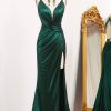 Prom Dresses HELLYMOON | Spaghetti Straps Mermaid Long Prom Dress With Slit Dark Green