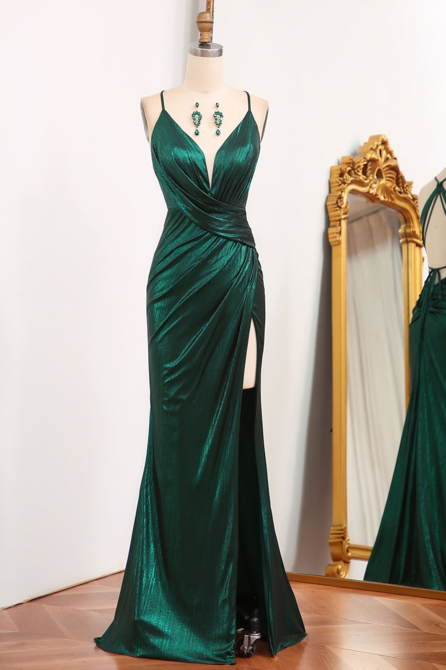 Prom Dresses HELLYMOON | Spaghetti Straps Mermaid Long Prom Dress With Slit Dark Green