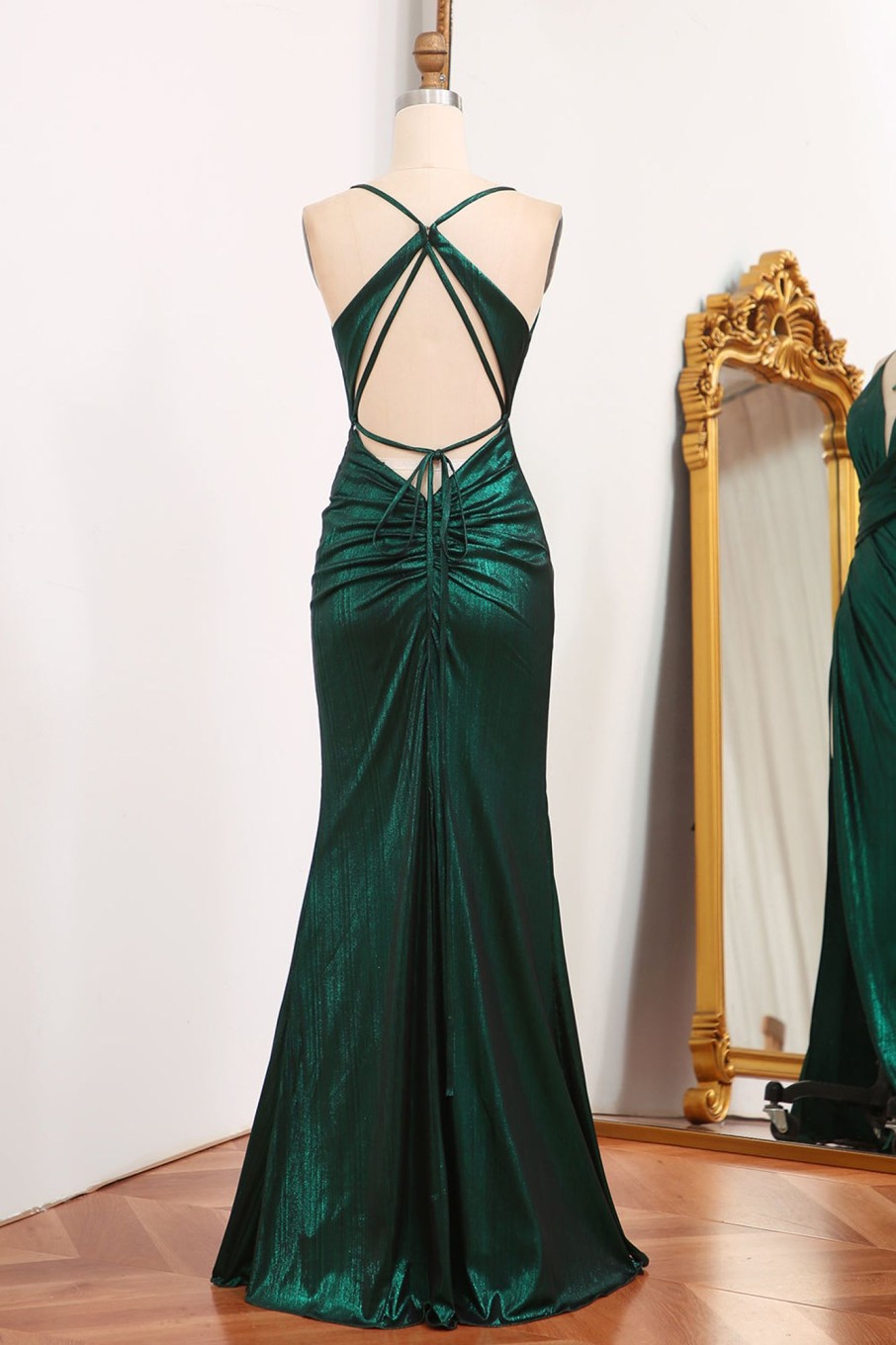 Prom Dresses HELLYMOON | Spaghetti Straps Mermaid Long Prom Dress With Slit Dark Green