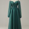 Special Occasion HELLYMOON | Off The Shoulder Long Sleeves Prom Dress With Ruffles Dark Green