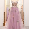 Prom Dresses HELLYMOON | A-Line Spaghetti Straps Tulle Prom Dress With Appliques Mauve