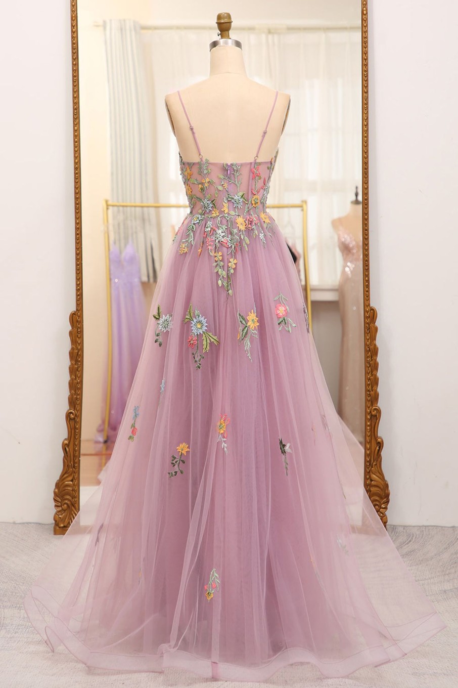 Prom Dresses HELLYMOON | A-Line Spaghetti Straps Tulle Prom Dress With Appliques Mauve