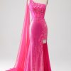 Prom Dresses HELLYMOON | Mermaid One Shoulder Sequin Corset Long Prom Dress With Slit Fuchsia