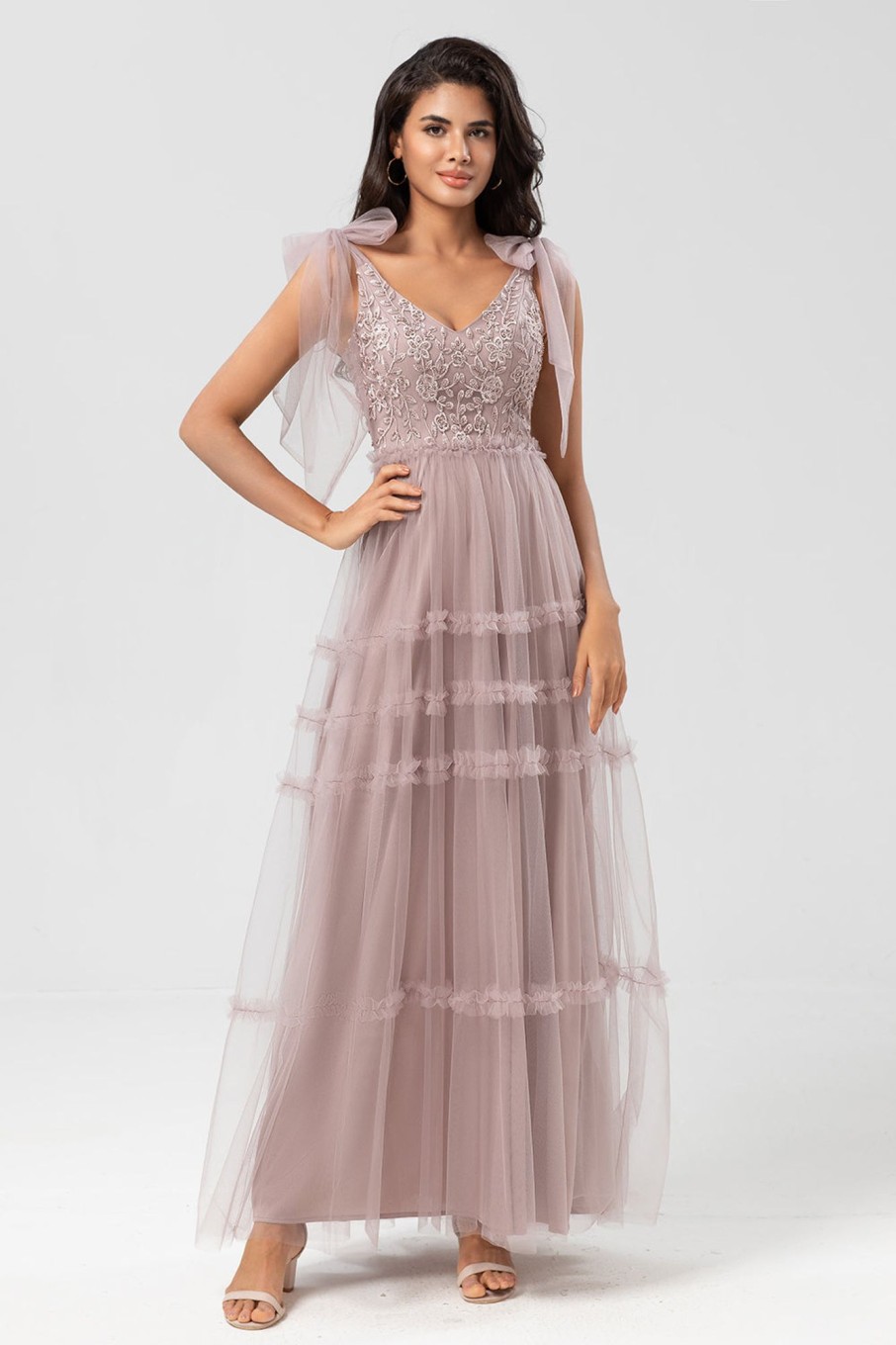 Partywear HELLYMOON | A-Line V Neck Dusty Pink Long Bridesmaid Dress With Beading