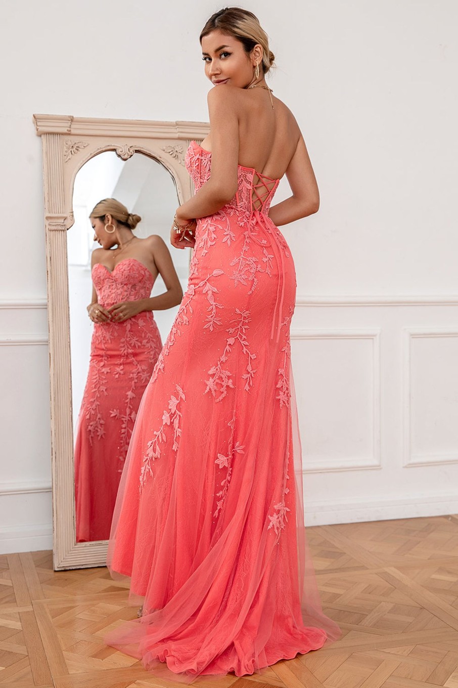 Prom Dresses HELLYMOON | Tulle Mermaid Prom Dress With Applique Coral