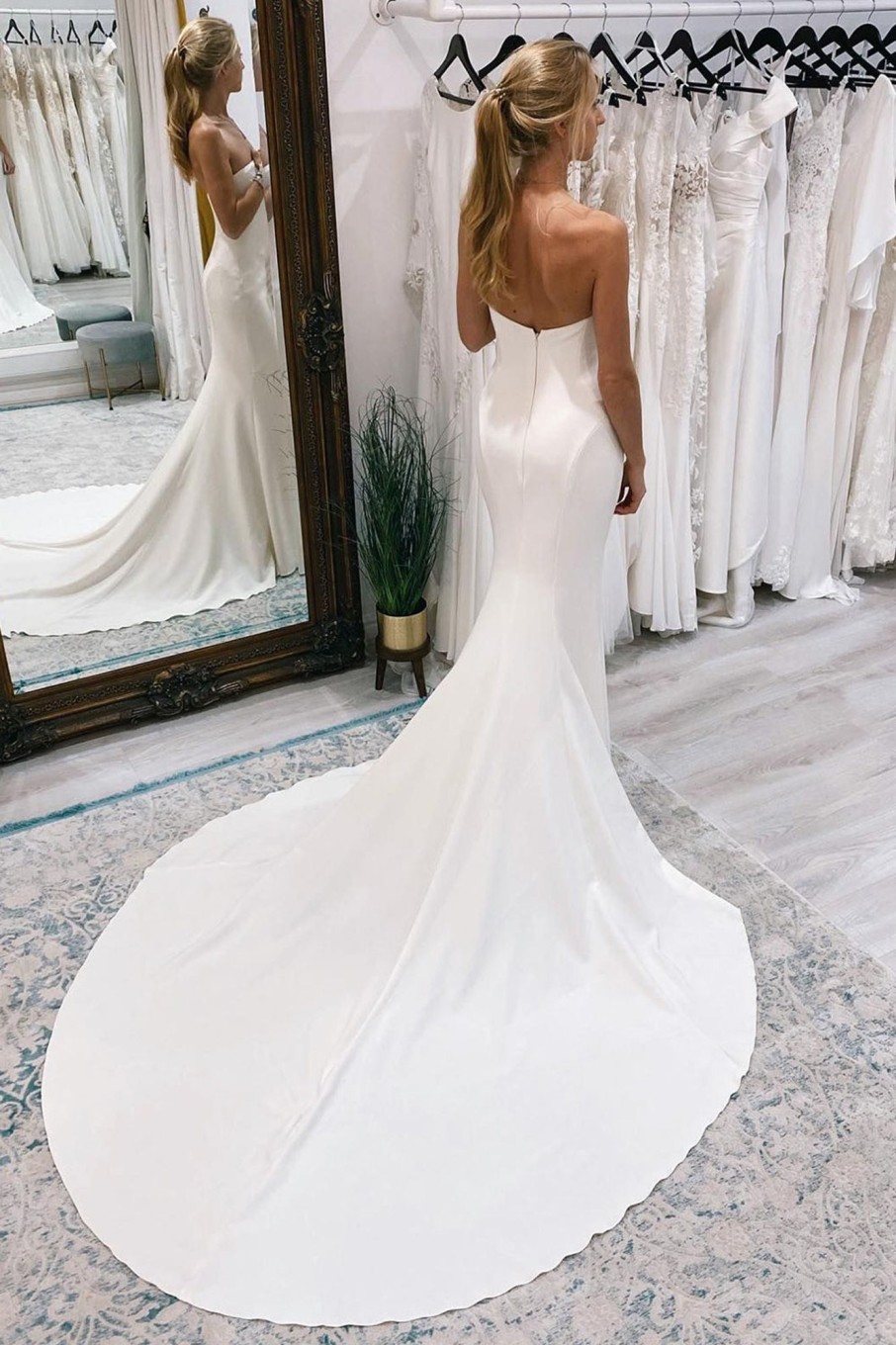 Wedding Dresses HELLYMOON | Simple Sweep Train Boho Long Mermaid Wedding Dress White