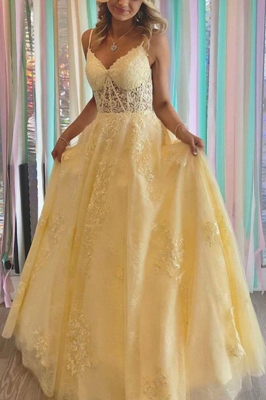 Prom Dresses HELLYMOON | Yellow A Line Princess Corset Prom Dress With Appliques Light Yellow