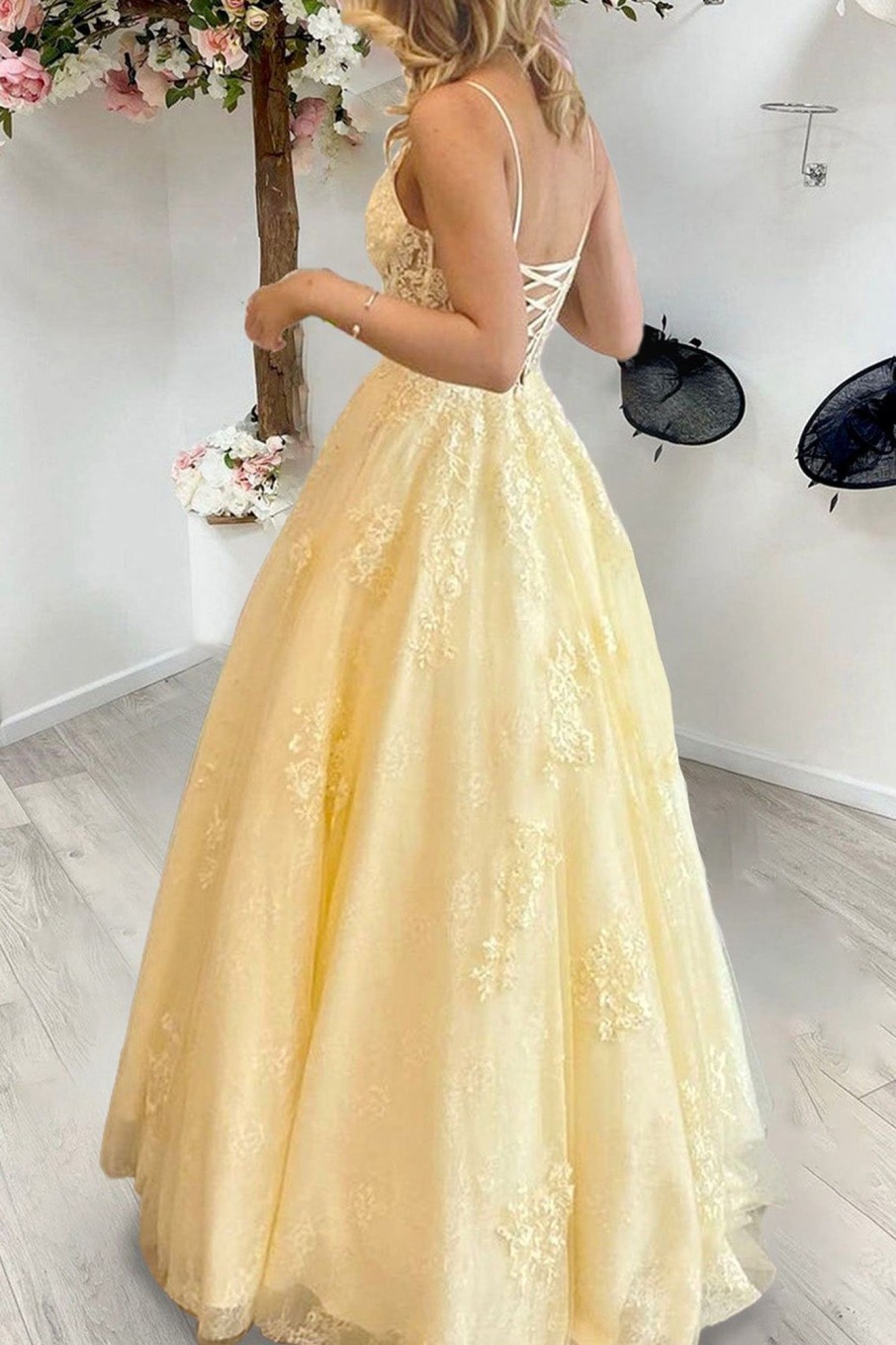 Prom Dresses HELLYMOON | Yellow A Line Princess Corset Prom Dress With Appliques Light Yellow