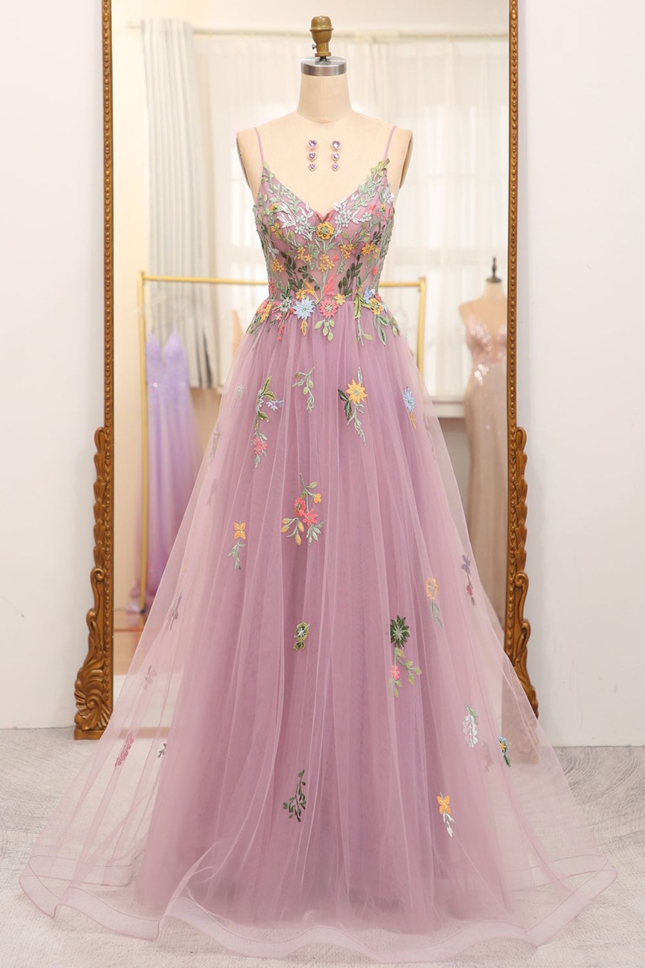 Special Occasion HELLYMOON | A-Line Spaghetti Straps Tulle Prom Dress With Appliques Mauve