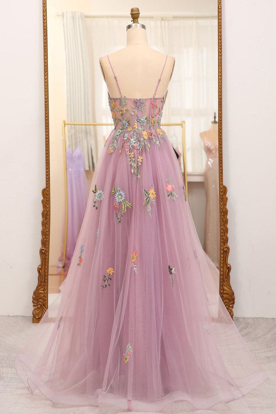 Special Occasion HELLYMOON | A-Line Spaghetti Straps Tulle Prom Dress With Appliques Mauve