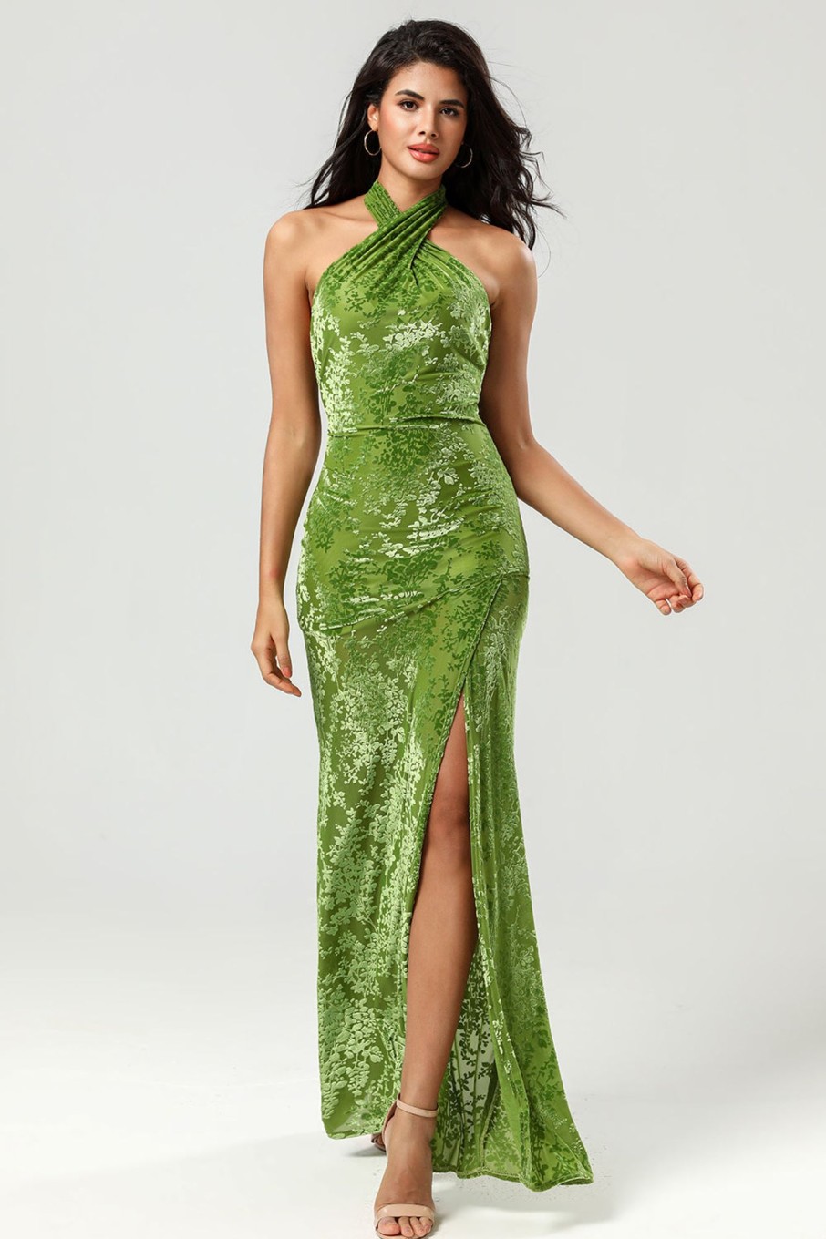 Partywear HELLYMOON | Mermaid Halter Neck Velvet Long Bridesmaid Dress Olive