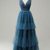 Prom Dresses HELLYMOON | A Line V-Neck Long Prom Dress With Open Back Blue