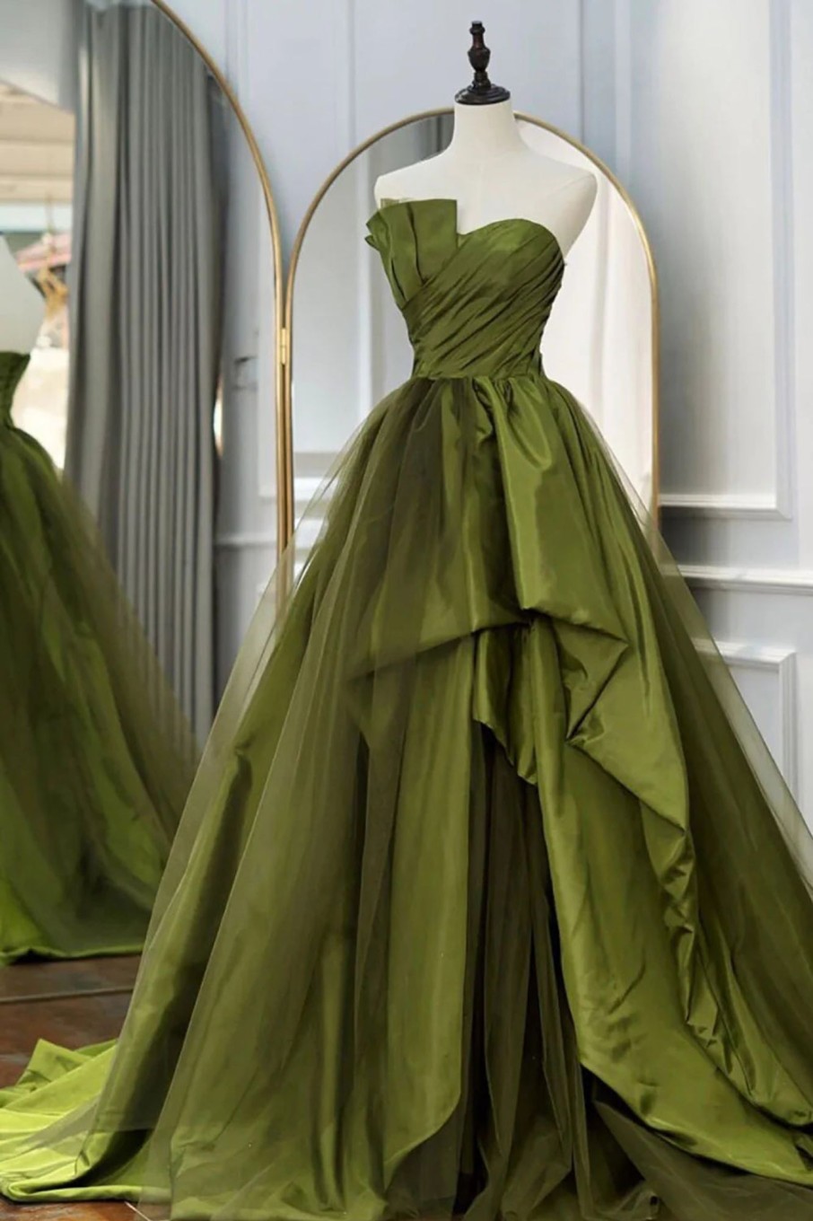 Prom Dresses HELLYMOON | A Line Asymmetrical Straples Long Prom Dress With Ruffles Green