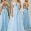 Prom Dresses HELLYMOON | A-Line Tulle Spaghetti Straps Prom Dress With Appliques Light Blue