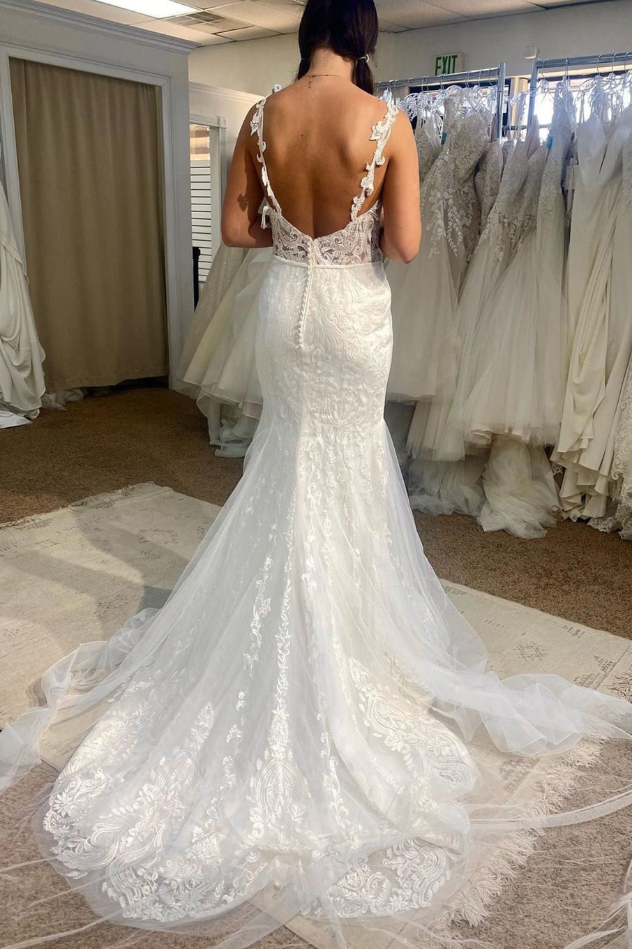 Wedding Dresses HELLYMOON | Tulle Mermaid Spaghetti Straps Long Wedding Dress With Appliques White