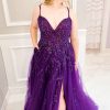 Special Occasion HELLYMOON | Beading Tulle Plus Size Prom Dress With Slit Purple