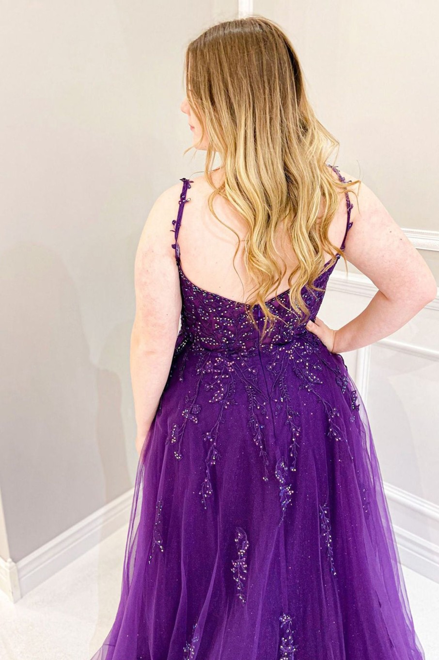 Special Occasion HELLYMOON | Beading Tulle Plus Size Prom Dress With Slit Purple