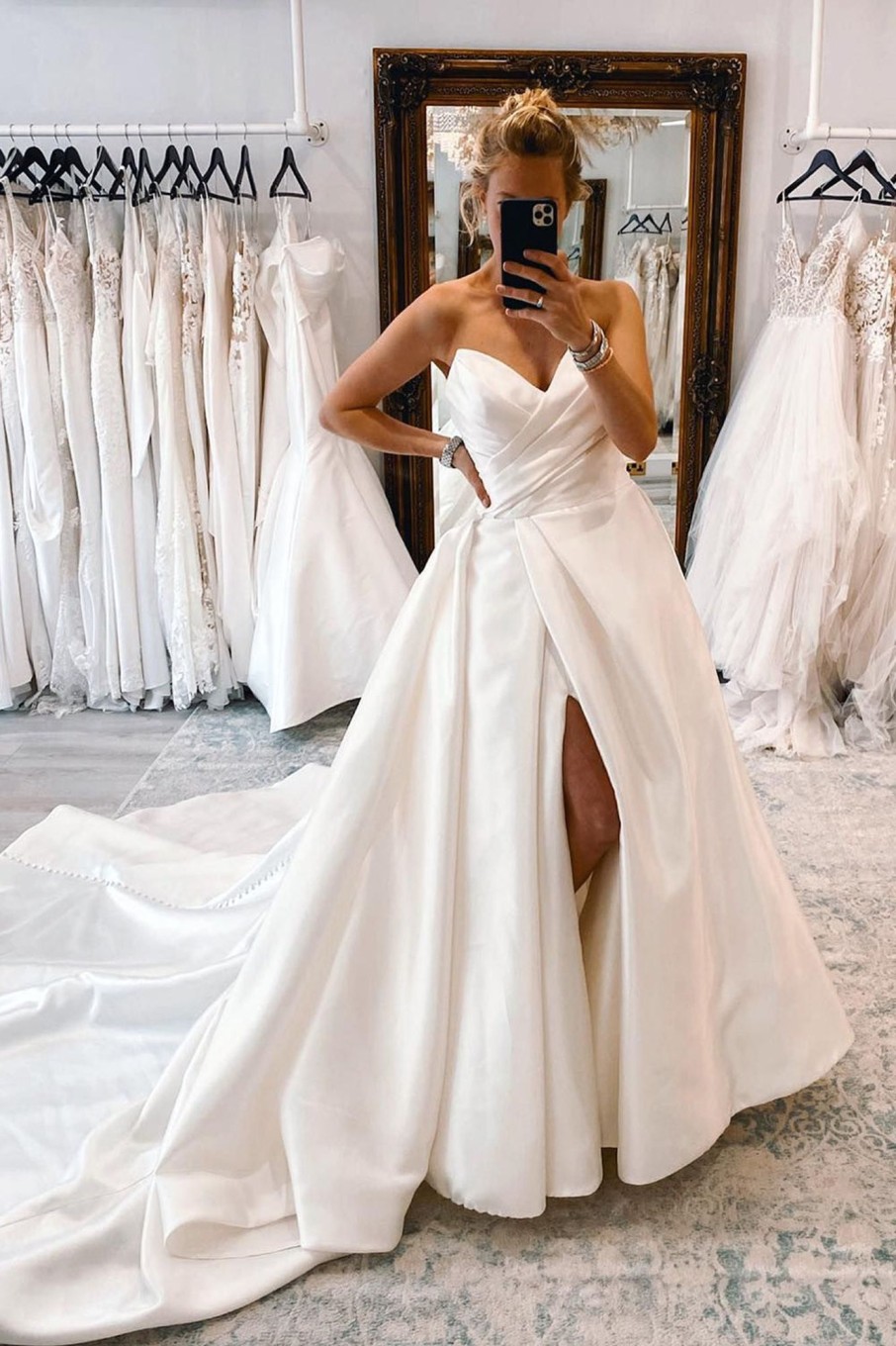 Wedding Dresses HELLYMOON | Satin Long A-Line Wedding Dress With Slit White