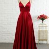 Special Occasion HELLYMOON | Simple A Line Spaghetti Straps Long Prom Dress With Cirss Cross Back Burgundy