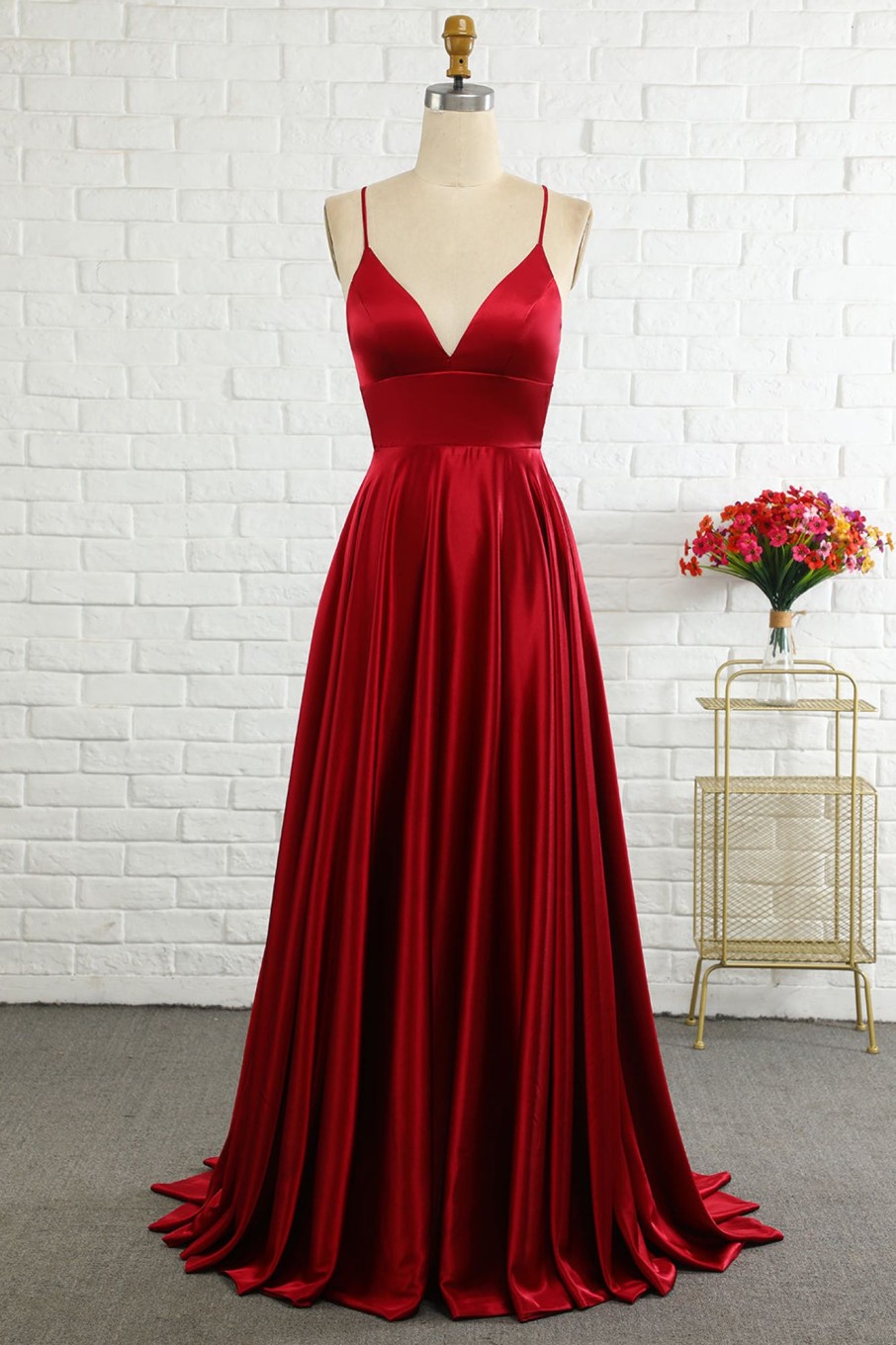 Special Occasion HELLYMOON | Simple A Line Spaghetti Straps Long Prom Dress With Cirss Cross Back Burgundy