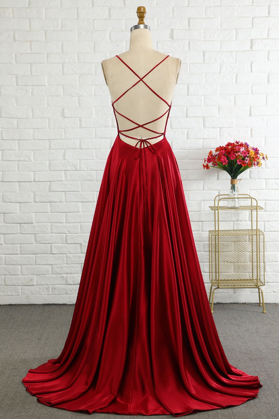 Special Occasion HELLYMOON | Simple A Line Spaghetti Straps Long Prom Dress With Cirss Cross Back Burgundy