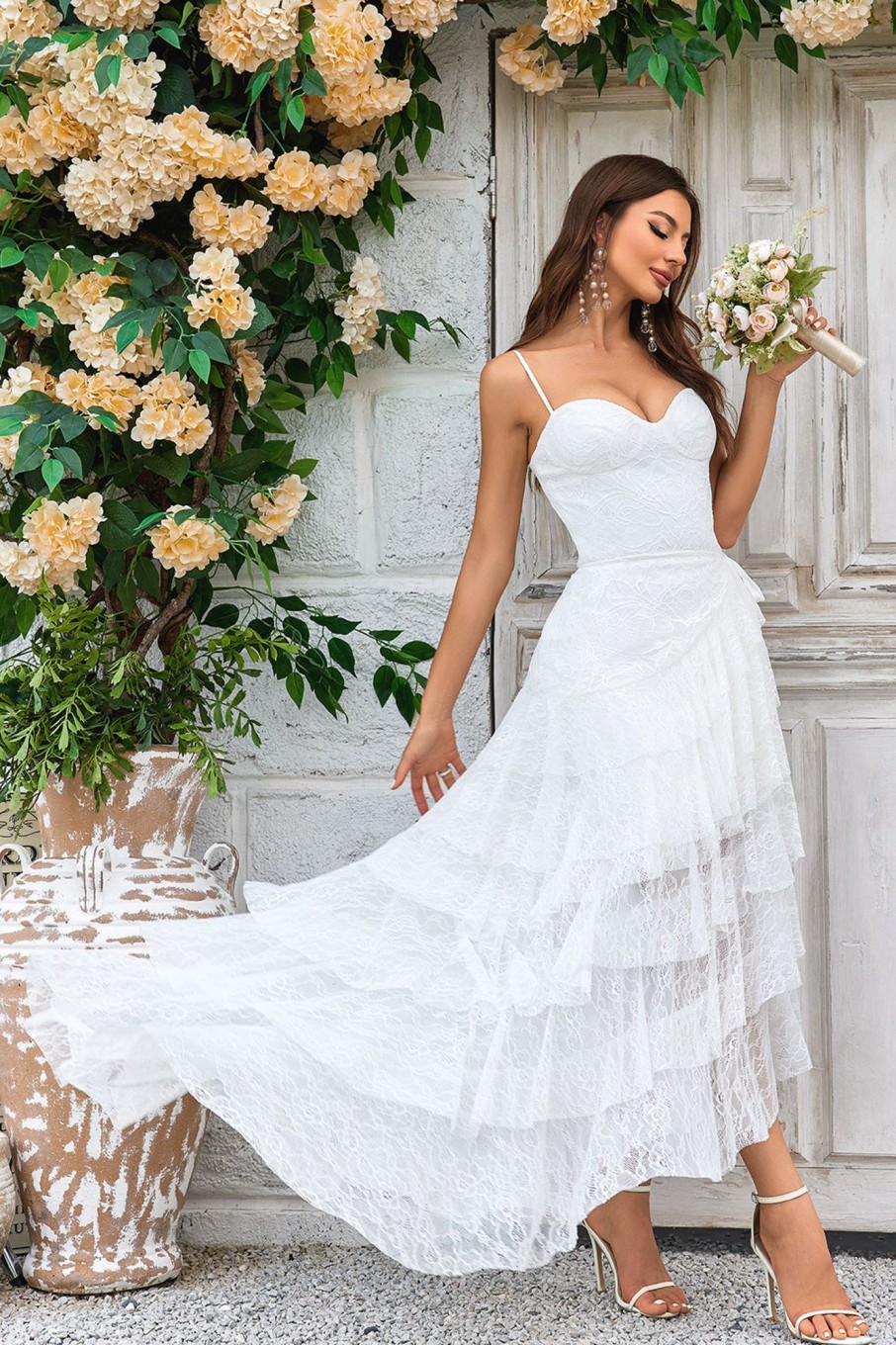 Wedding Dresses HELLYMOON | Lace Asymmetrical Detachable Train Boho Wedding Dress Ivory