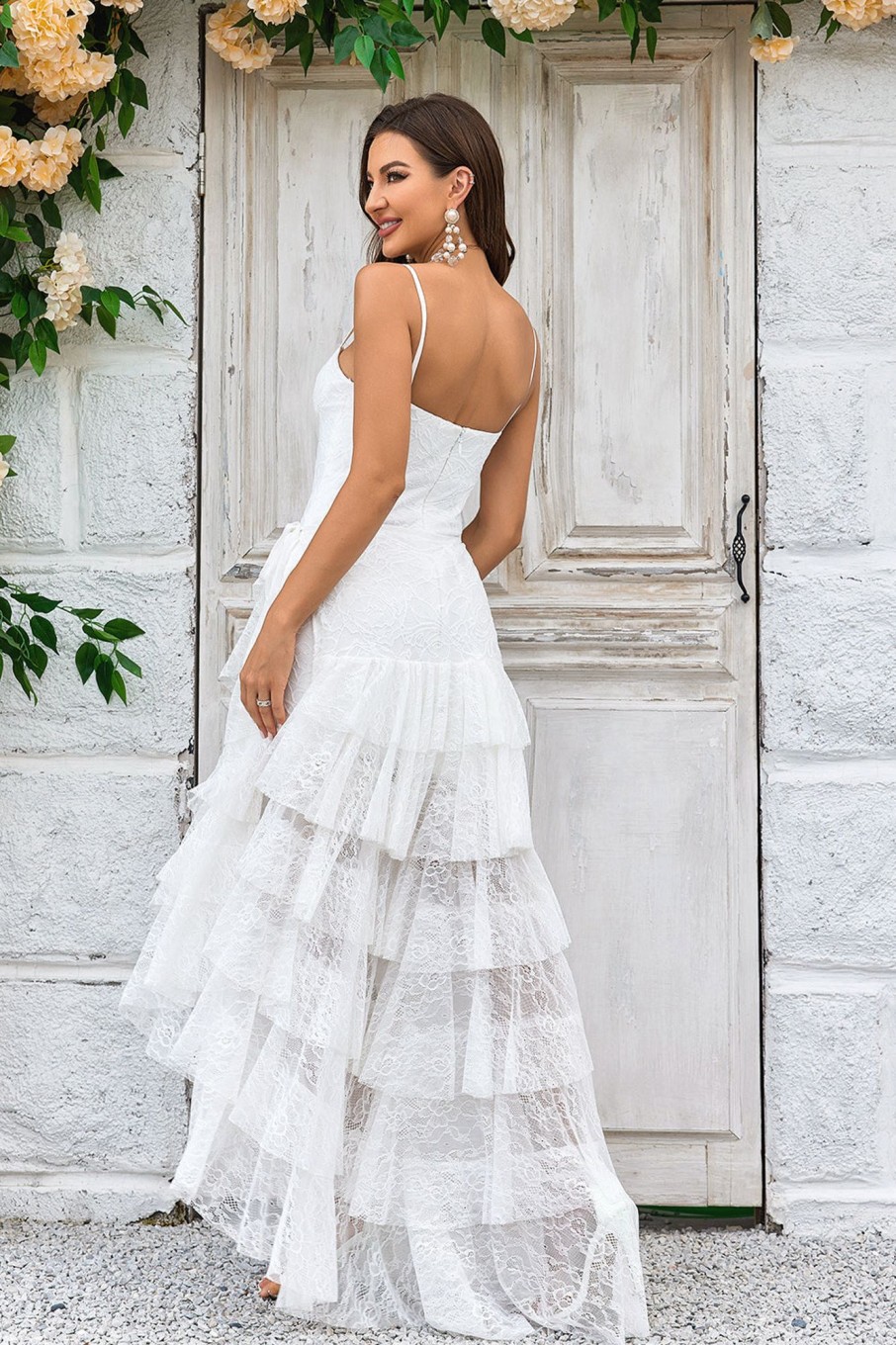 Wedding Dresses HELLYMOON | Lace Asymmetrical Detachable Train Boho Wedding Dress Ivory