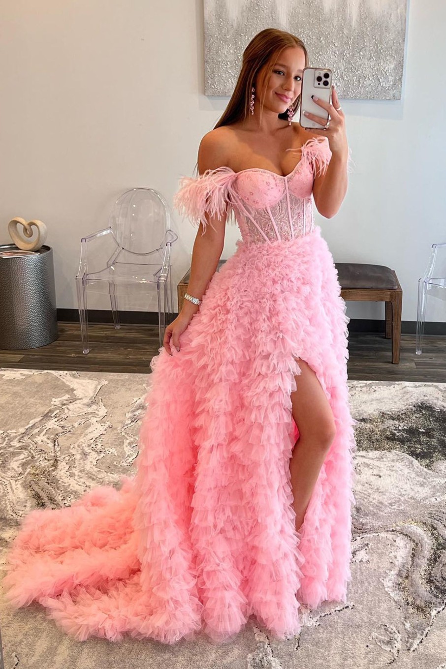 Prom Dresses HELLYMOON | Off The Shoulder Princess Prom Dress With Feathers